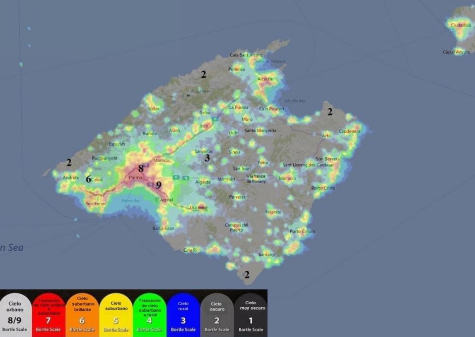 Tipología de cielo en Mallorca según la contaminación lumínica. Mapa: Fundación Instituto de Astronomía de Mallorca.